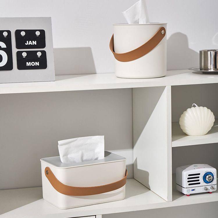 White Portable Simple Plastic Living Room Home Paper Storage Tissue Box With Leather Handle - Cortes Creative Homes